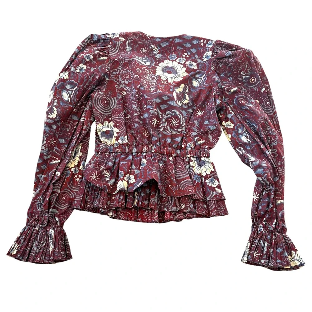 Ulla Johnson Womens 2 Ren Blouse Heliotrope Floral Peplum Victorian Cottagecore